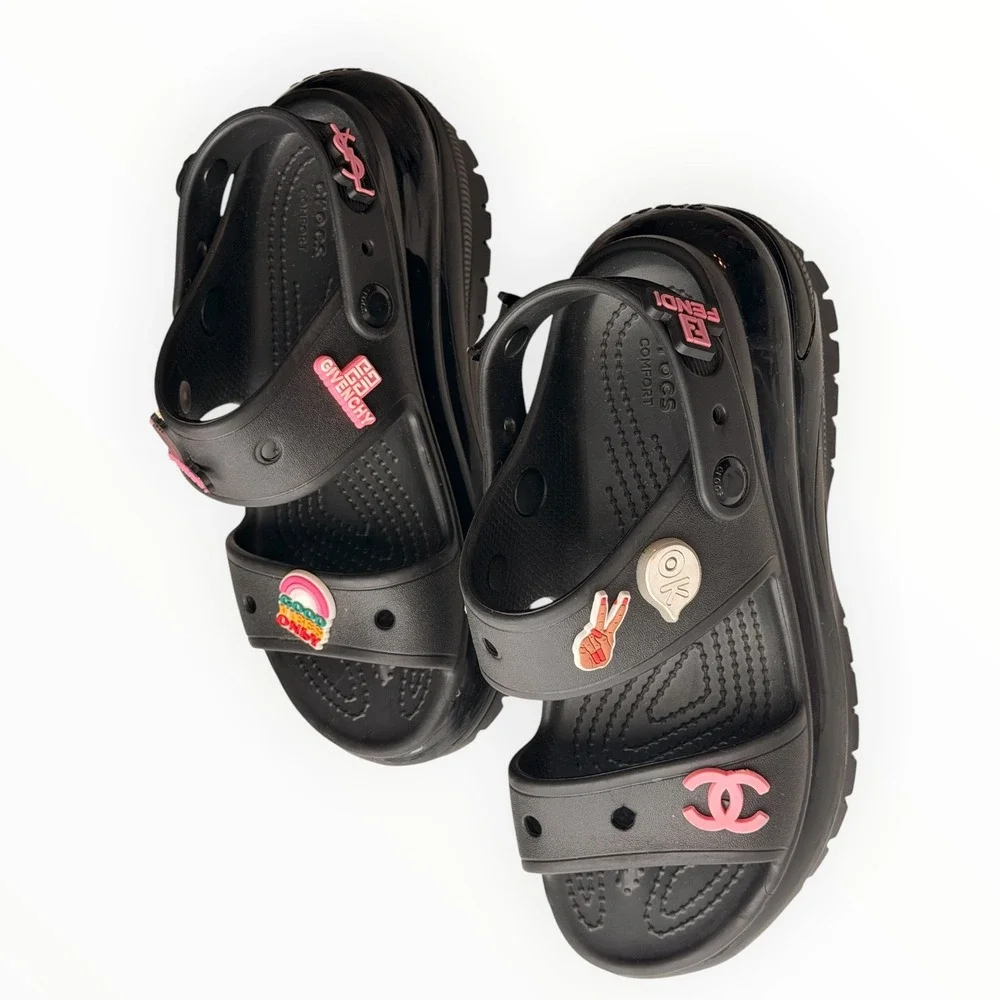 Crocs Mega Crush Sandals Black Platform Custom Designer Inspired Charms Womens 7